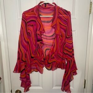 Escada Y2K 100% Silk Vintage Pink & Orange Frill Long Sleeve Blouse Top Small